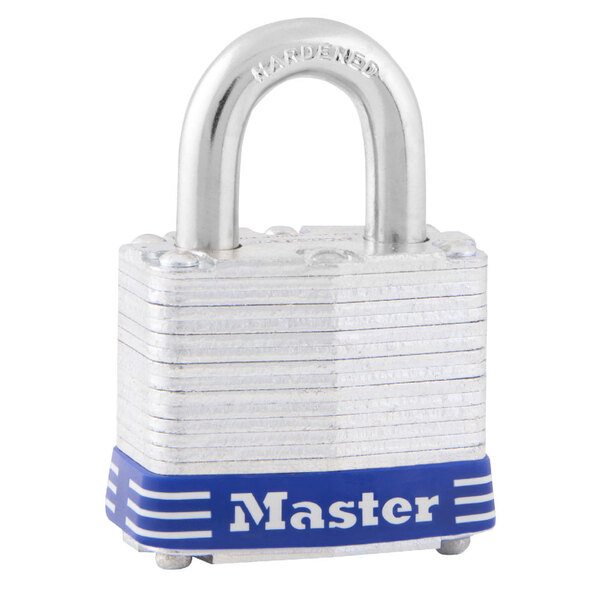 A close up of a silver and blue Master Lock padlock.