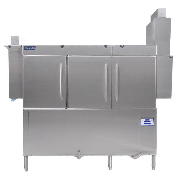 A Jackson RackStar stainless steel conveyor dishwasher with a white cabinet.