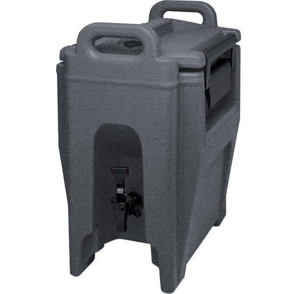 A grey plastic Cambro insulated beverage dispenser with a handle.