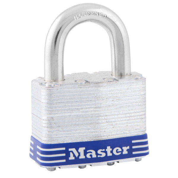 A close up of a silver Master Lock padlock with blue and silver stripes.