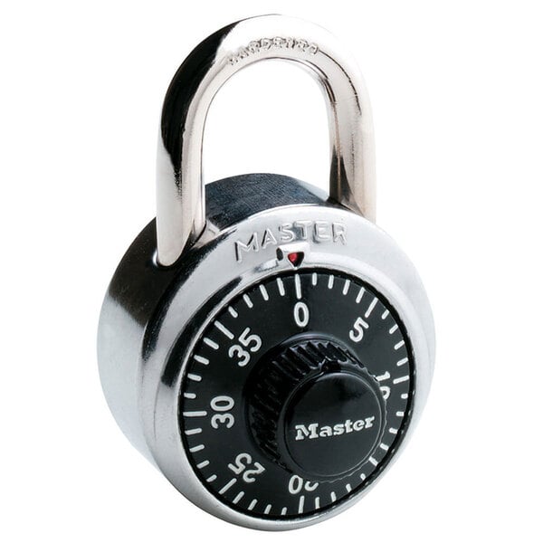 A close-up of a Master Lock combination padlock with a black dial.