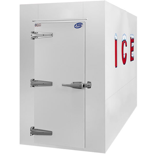 A white rectangular Leer auto defrost refrigerator with the word ice on it.