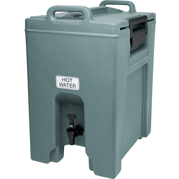 A slate blue Cambro Ultra Camtainer water dispenser with a handle and lid.