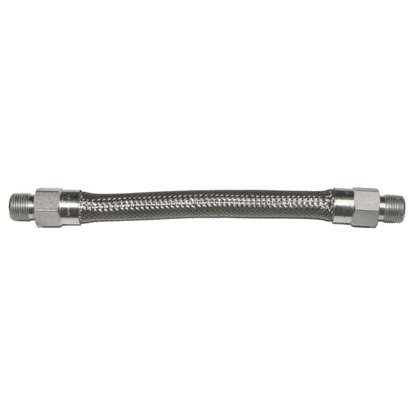 A Dormont stainless steel gas connector hose with a metal end.