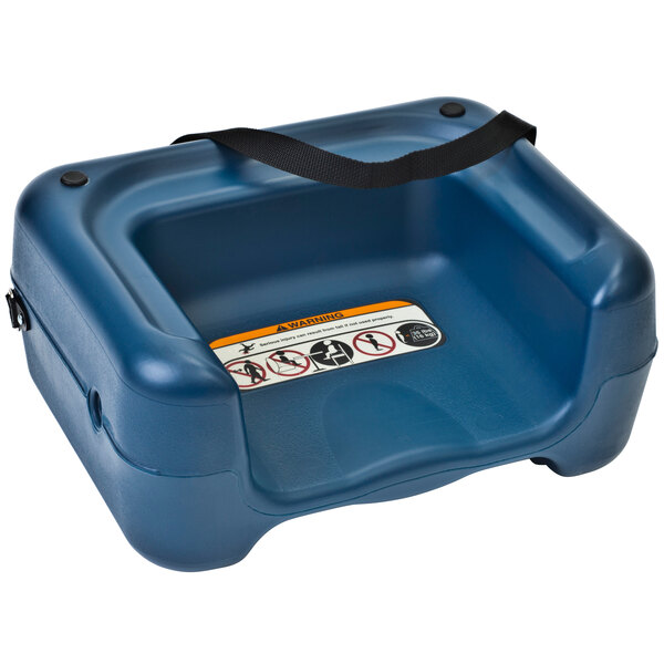 A blue plastic booster seat with a black strap.