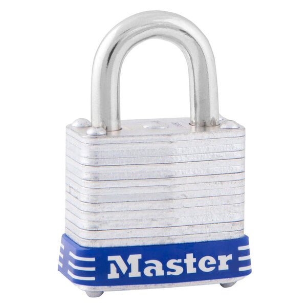 A close up of a Master Lock padlock with blue and silver letters on the front.