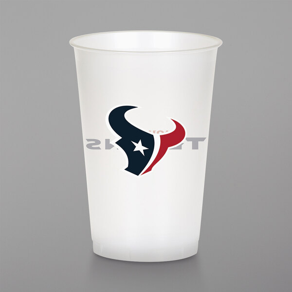 A white plastic Creative Converting Houston Texans cup with a logo on it.