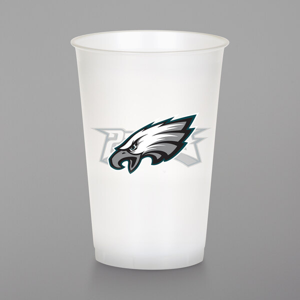 A white plastic Creative Converting Philadelphia Eagles cup with a logo on it.