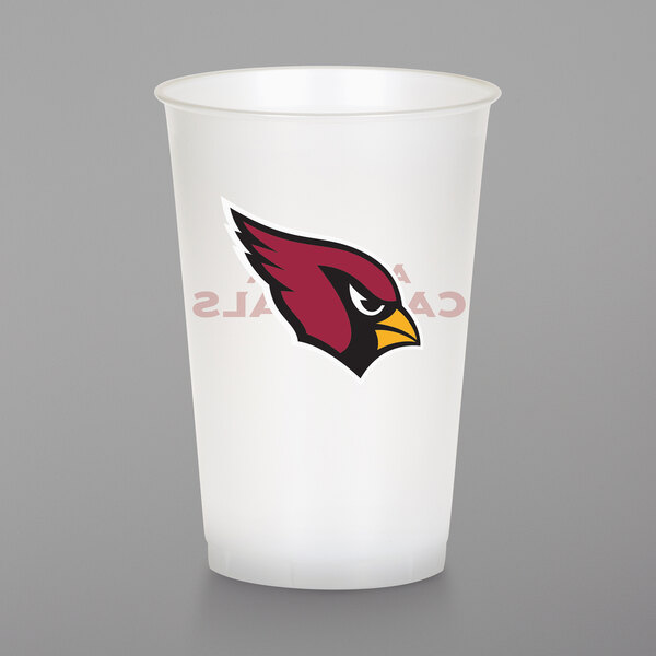 A white Creative Converting plastic cup with the Arizona Cardinals logo.