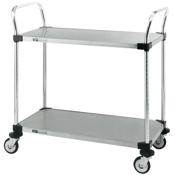 A silver stainless steel Metro utility cart with black wheels.