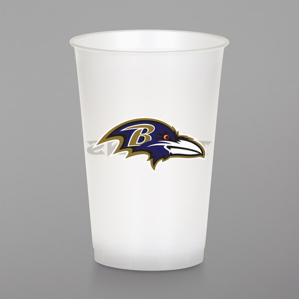 A white Creative Converting plastic cup with the Baltimore Ravens logo on it.