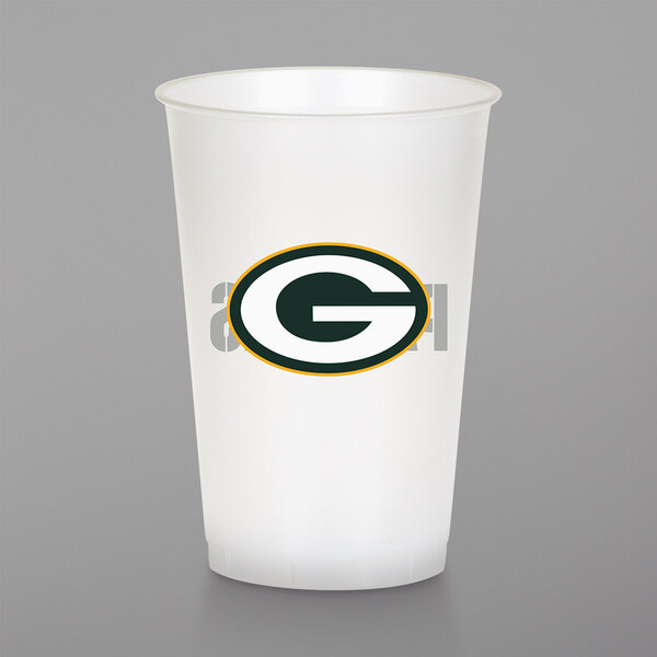A white plastic cup with a green and black oval Green Bay Packers logo.