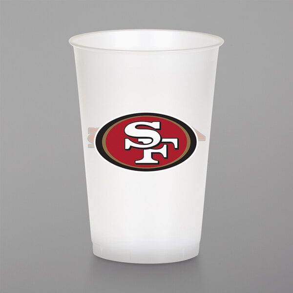 A white plastic cup with a red oval and white "S" logo for the San Francisco 49ers.