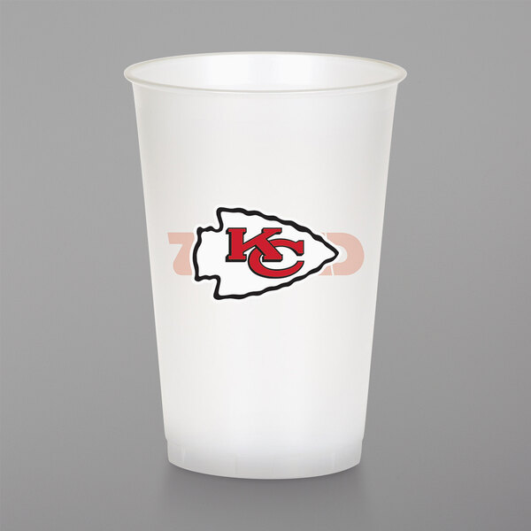 A white plastic Creative Converting cup with a red and black Kansas City Chiefs logo.
