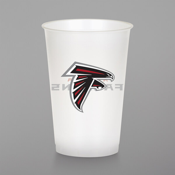 A white plastic Creative Converting cup with the Atlanta Falcons logo on it.