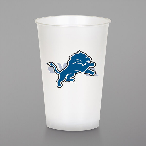 A clear plastic Creative Converting cup with a blue Detroit Lions logo and black outline.