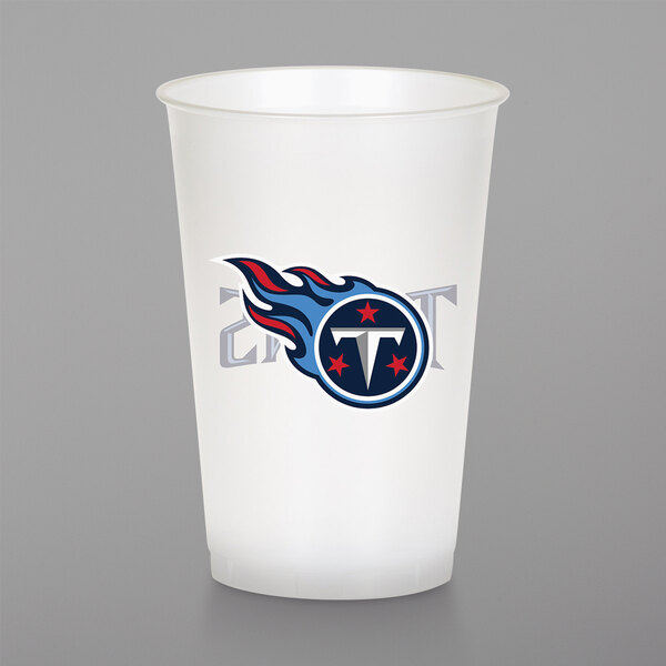 A white plastic Creative Converting Tennessee Titans cup with a logo on it.