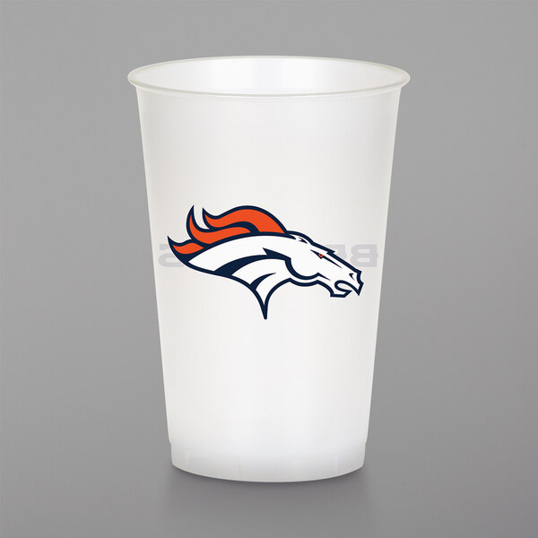A white Creative Converting plastic cup with the Denver Broncos logo.
