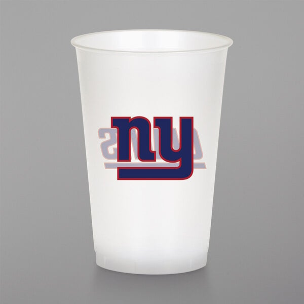 A white plastic Creative Converting cup with the New York Giants logo in blue and red.