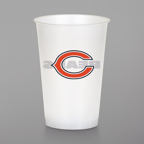 A white plastic Creative Converting cup with the Chicago Bears logo on it.