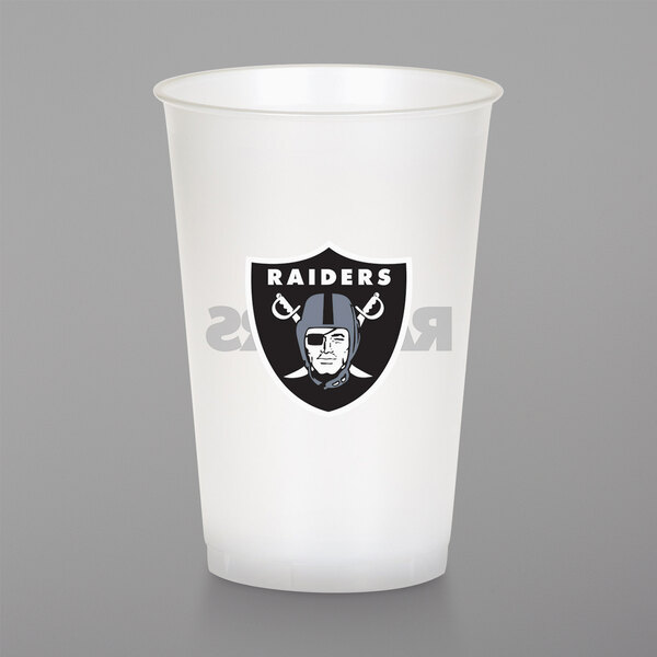 A white Creative Converting plastic cup with the Las Vegas Raiders logo on it.