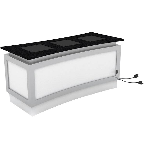 A white and black rectangular Bon Chef buffet table with 3 induction ranges.