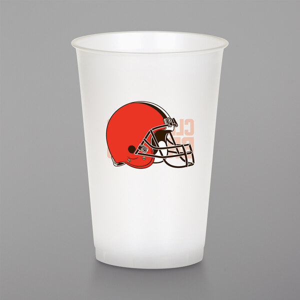 A white plastic cup with the Cleveland Browns helmet on it.