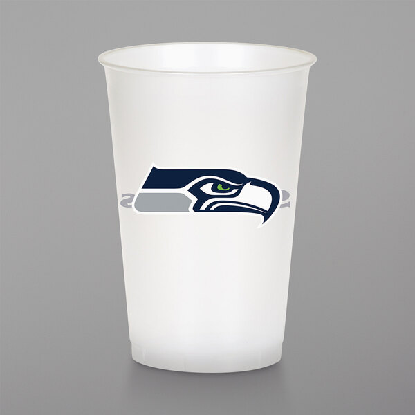 A white plastic Creative Converting cup with a Seattle Seahawks logo.