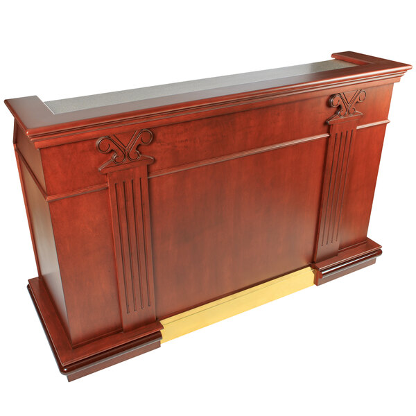 A Bon Chef portable wood liquor bar with a sink and gold trim.