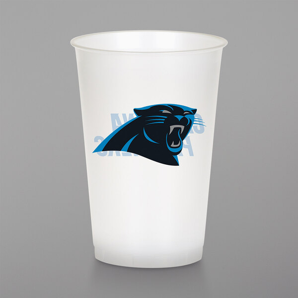A white plastic Creative Converting Carolina Panthers 20 oz. cup with a panther logo on it.