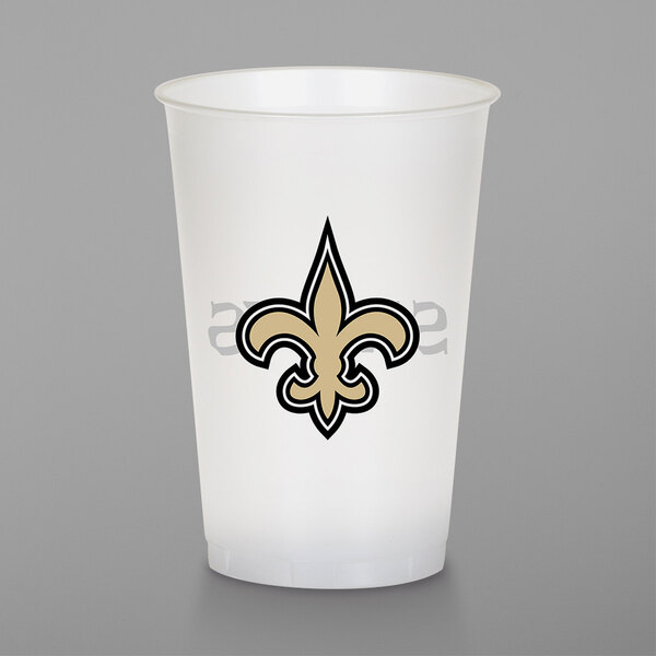 A white Creative Converting plastic cup with the New Orleans Saints logo on it.