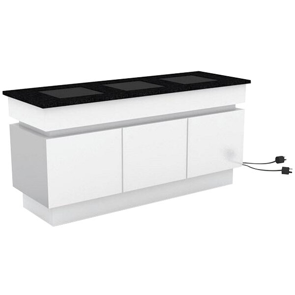 A white kitchen island with a black recessed Bon Chef buffet table.