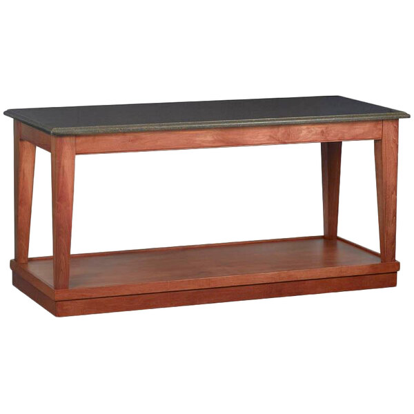 A rectangular wooden banquet table with a light cherry finish and a shelf.
