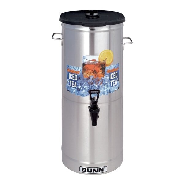 A Bunn 5 gallon iced tea dispenser with a black lid.