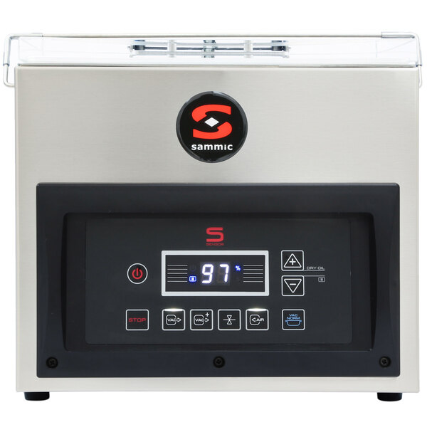 A silver and black Sammic vacuum packaging machine with buttons and a black circle on a digital display.