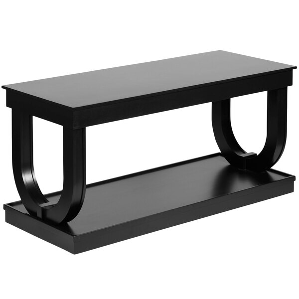 A black rectangular Bon Chef mobile banquet table with a shelf on top.