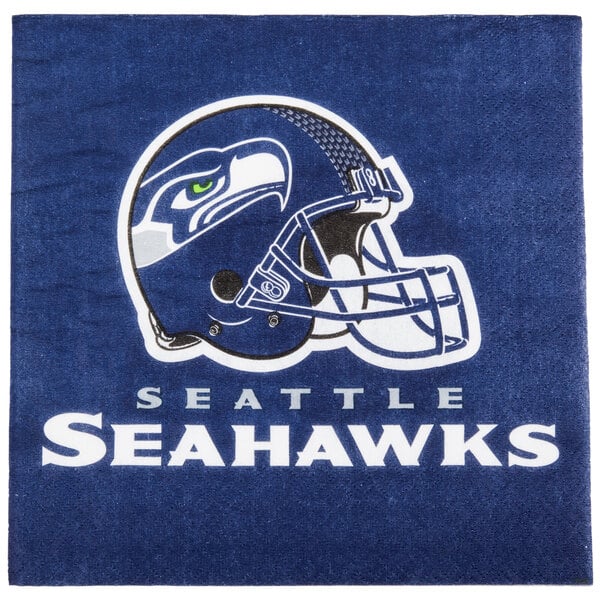 A blue and white 2-ply luncheon napkin with a Seattle Seahawks helmet and text.