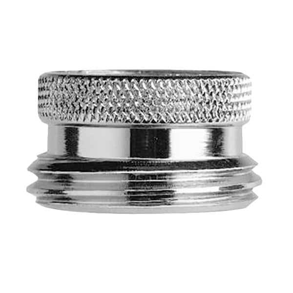 A close-up of a shiny silver metal Fisher garden hose adapter nut.