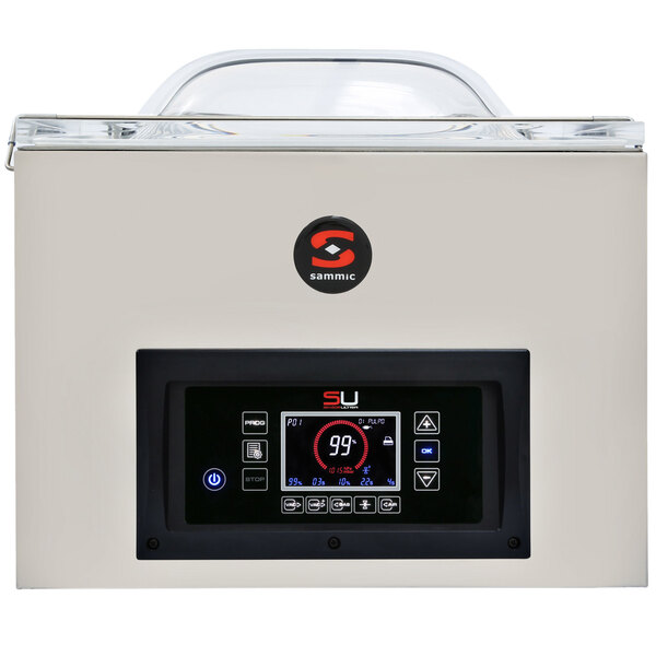 A white Sammic chamber vacuum packaging machine with the lid open.