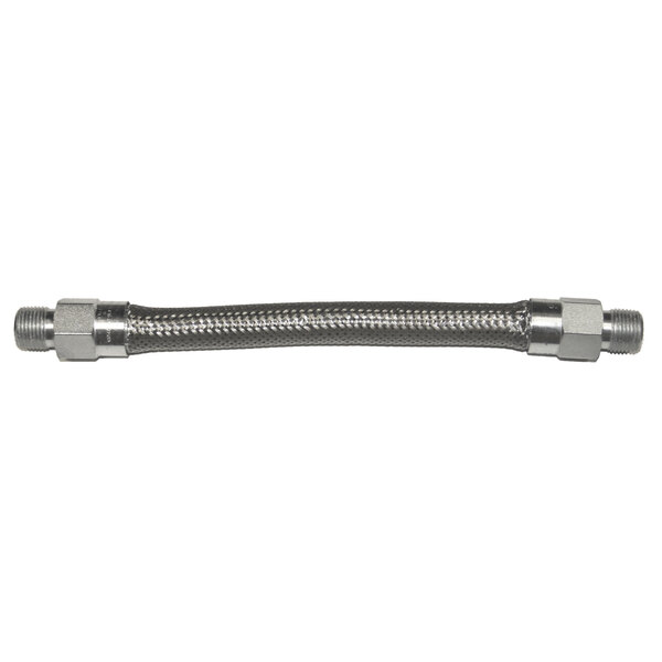 A Dormont stainless steel gas connector hose with a metal coupler.