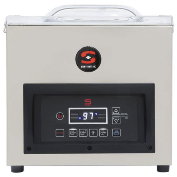 A silver and black Sammic SE-316 chamber vacuum packaging machine on a counter with a digital display.
