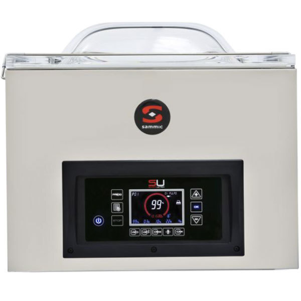 A white Sammic chamber vacuum packaging machine with a digital display and black buttons.