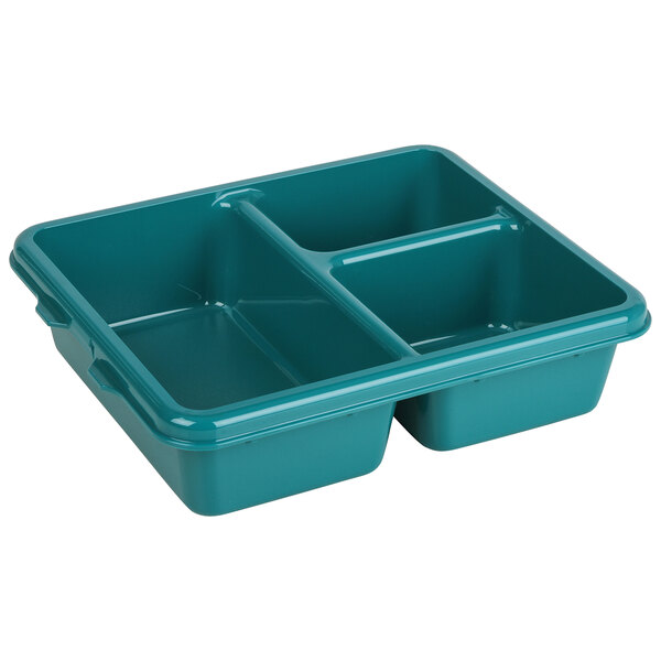A teal plastic tray with three compartments.