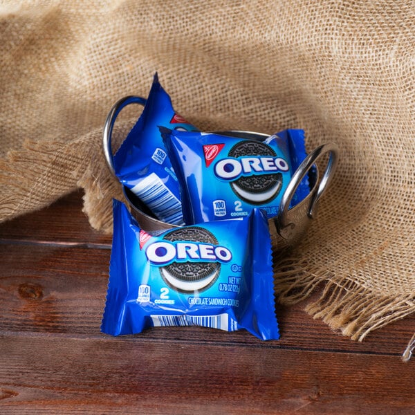 A close-up of a bag of Nabisco Oreo cookies.