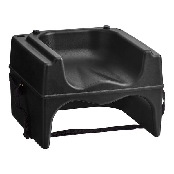 A black plastic Lancaster Table & Seating booster seat with straps.