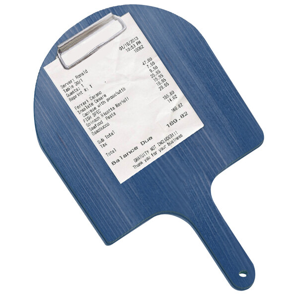 A blue clipboard with a receipt on it.