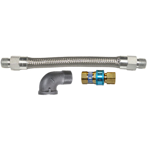 A stainless steel Dormont gas connector with a couple of fittings.