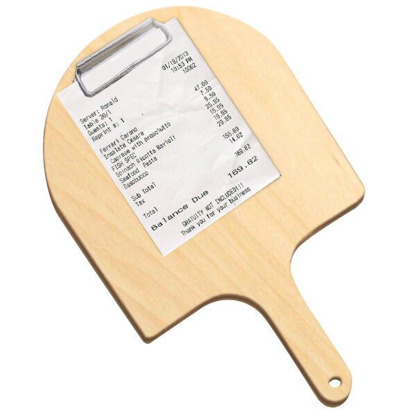 A receipt on a wooden clipboard with a pizza peel design.