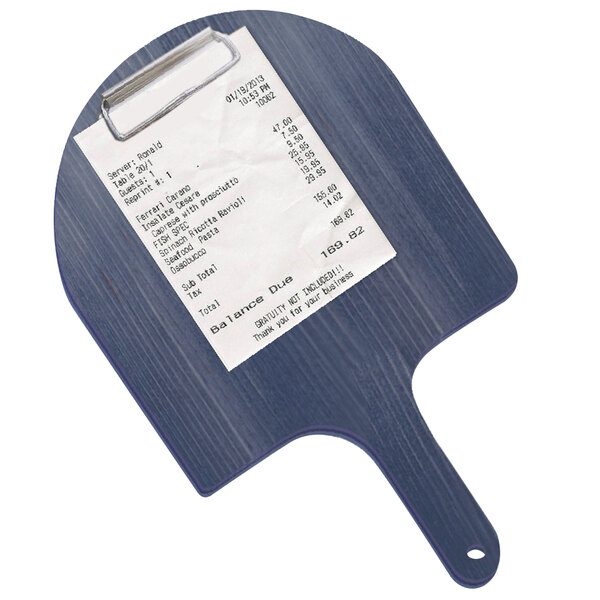A blue denim Menu Solutions clipboard on a wooden board with a receipt on it.