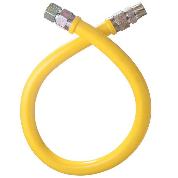 A yellow Dormont gas connector hose with metal fittings.